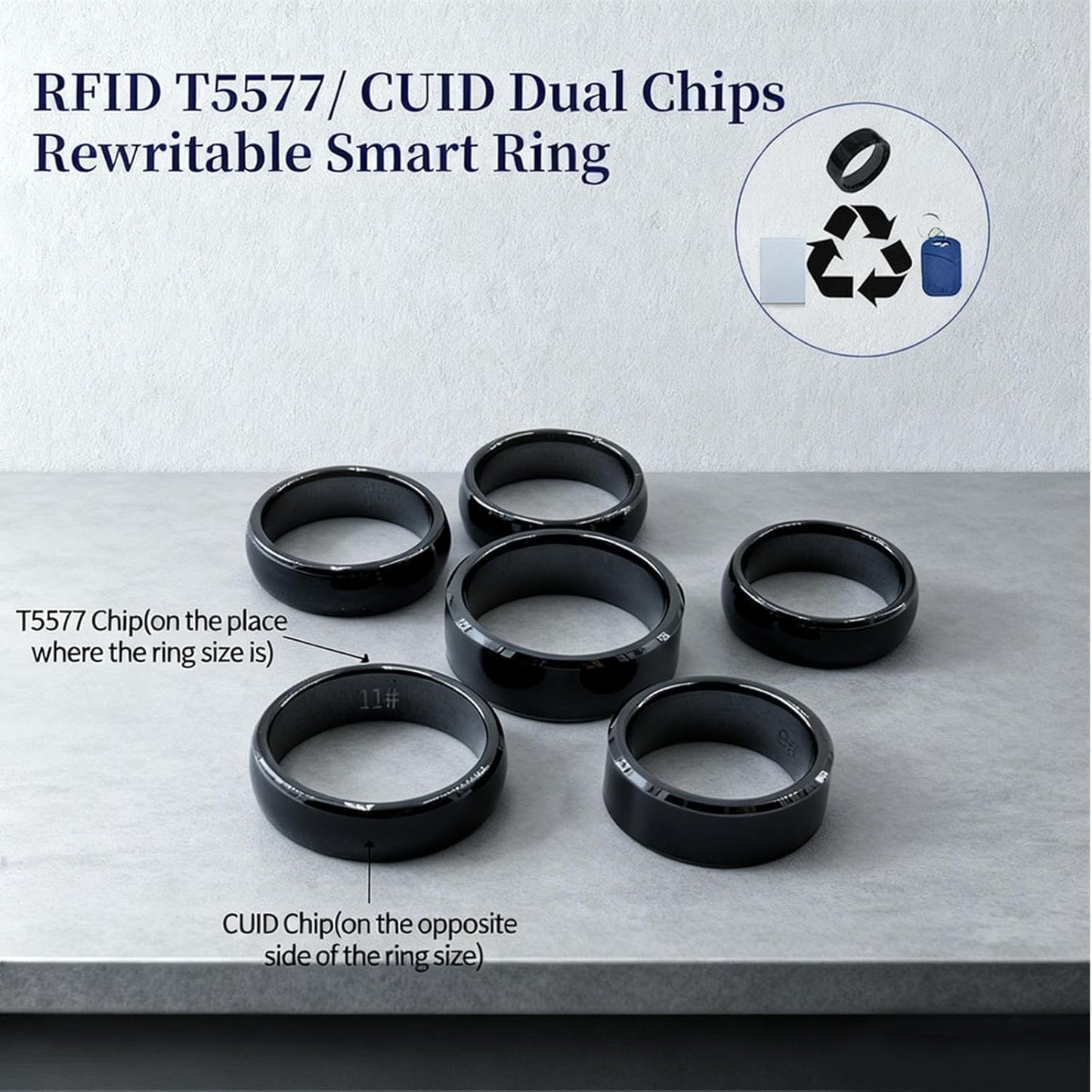 RFID Rewritable Ring RFID Dual Frequency Ring Black US#10 | RFID Ring, 13.56Mhz Cuid&125Khz T5577 Access Key Cards in One Ring, Ceramic Smart Finger Ring Wear for Men or Women