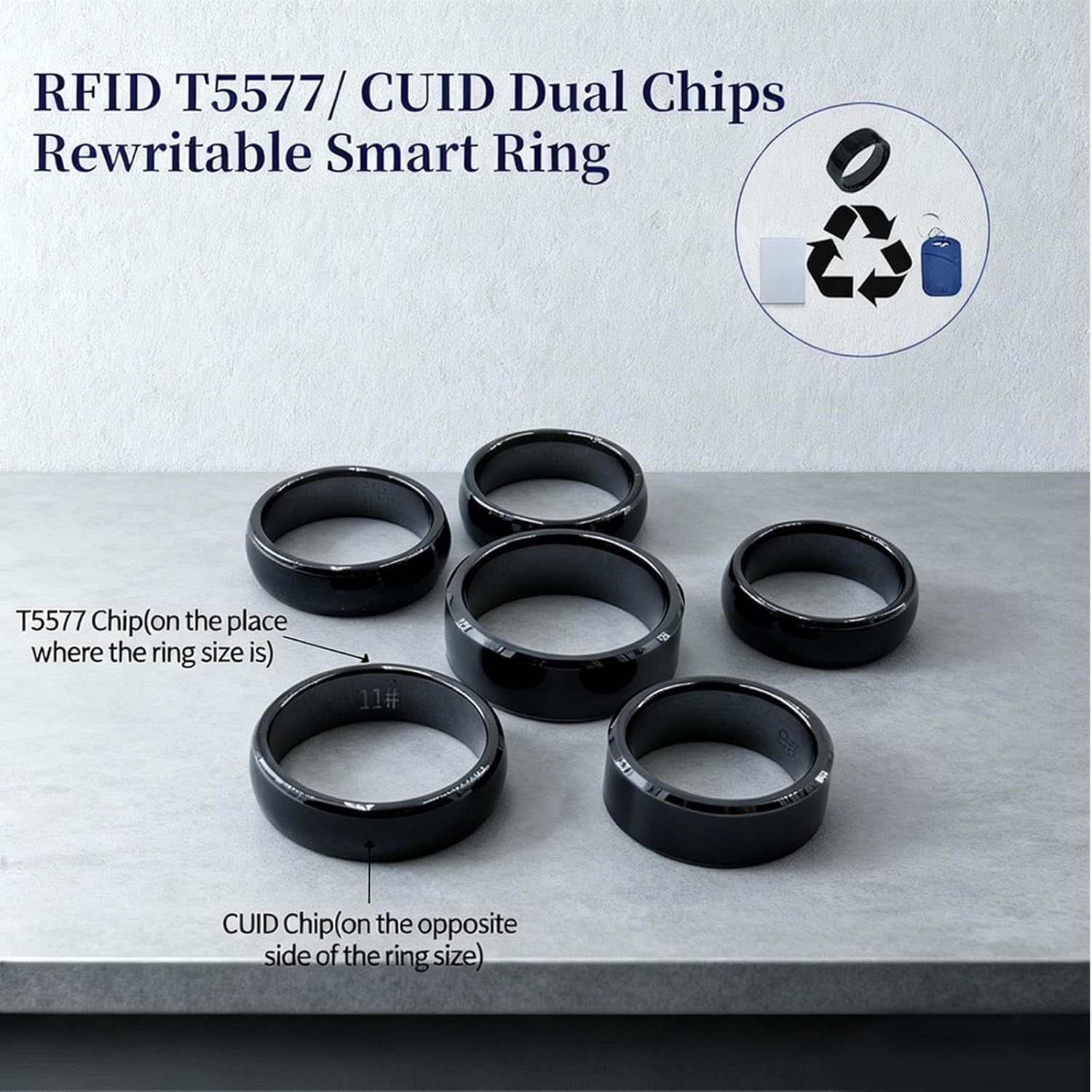RFID Rewritable Ring RFID Dual Frequency Ring Black US#10 | RFID Ring, 13.56Mhz Cuid&125Khz T5577 Access Key Cards in One Ring, Ceramic Smart Finger Ring Wear for Men or Women